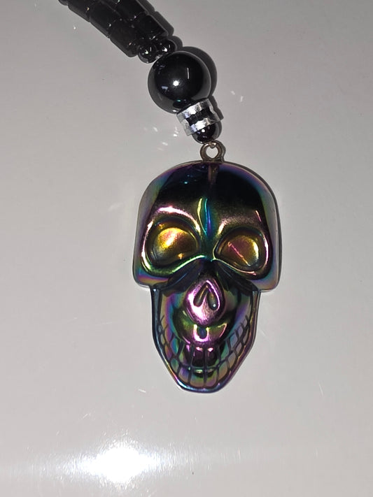 "Rainbow Aura" Skull Hematite Necklace