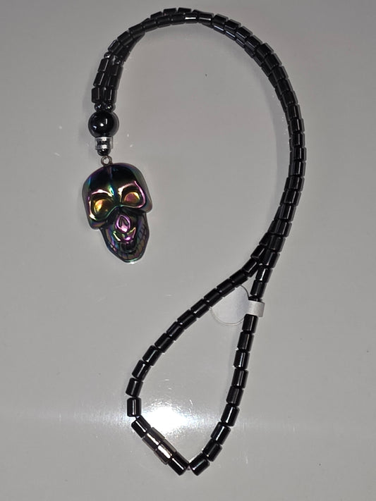 "Rainbow Aura" Skull Hematite Necklace